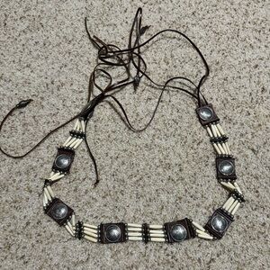 Vintage Native American Hairpipe Bone Beads Brown Leather Concho Tie Belt